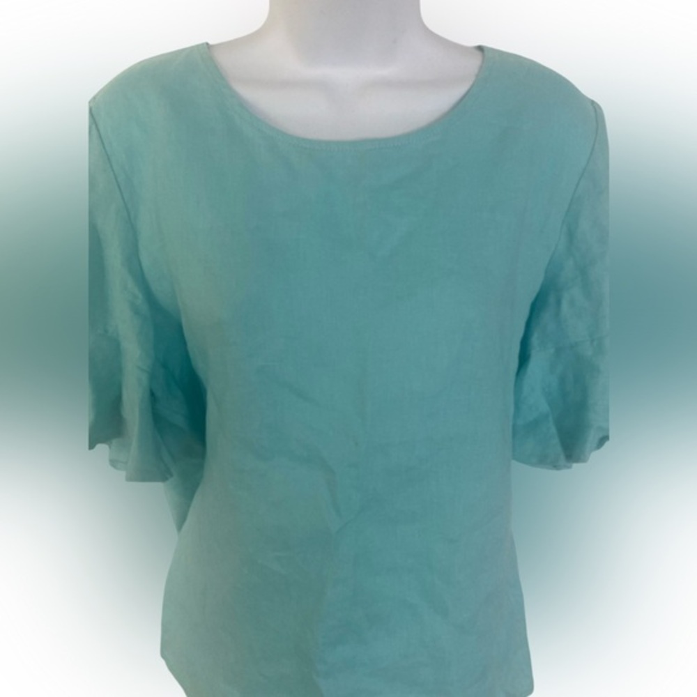 For Cynthia Aqua Linen Blouse-L aqua blue , linen